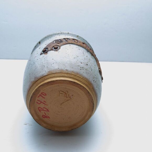 Stoneware Speckled Studio Art pottery Studio Spoon Dish Jar Holder Signed Fry 6" - Picture 7 of 7